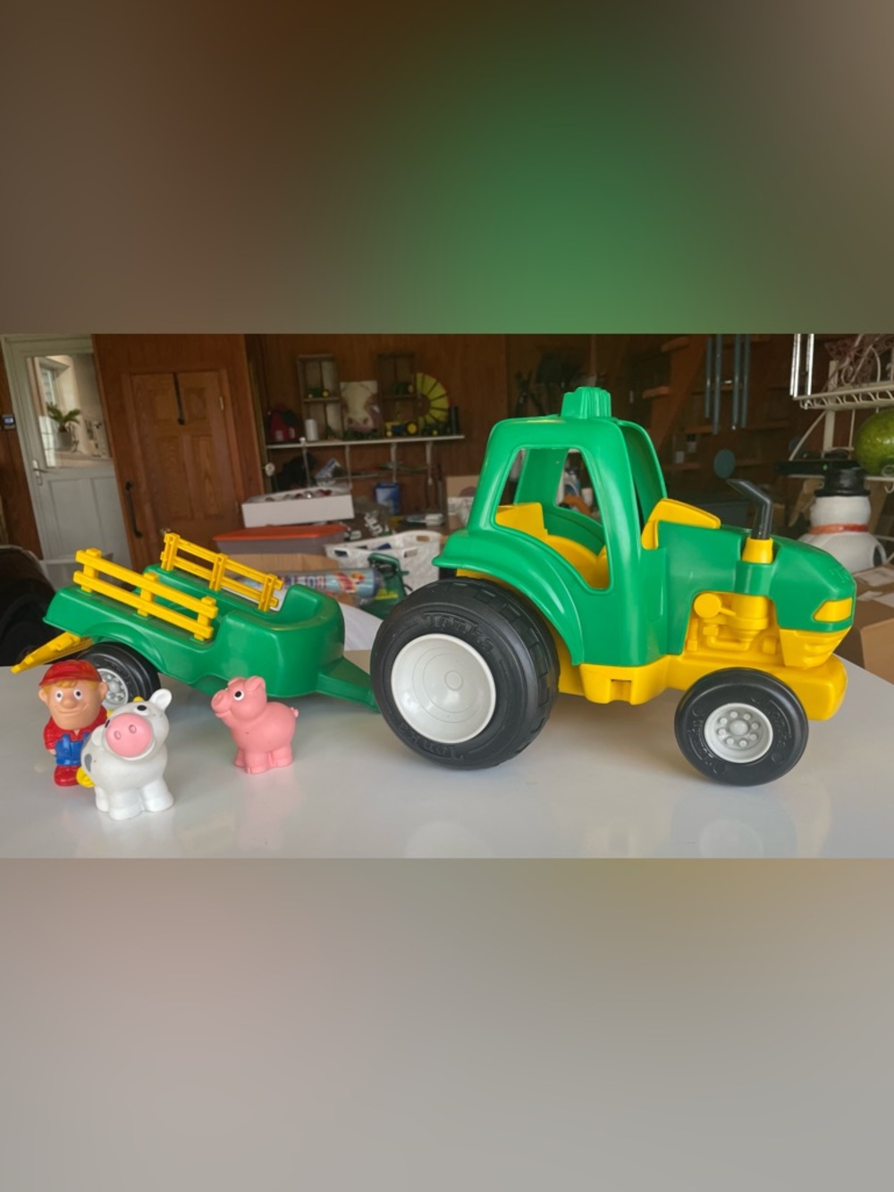 vintage 1990s Tonka green and yellow plastic farm tractor & trailer wagon